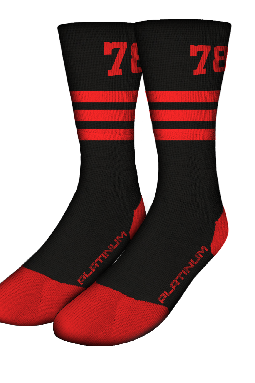 Black Platinum Athletic Socks With Red Stripes And 78 Mark