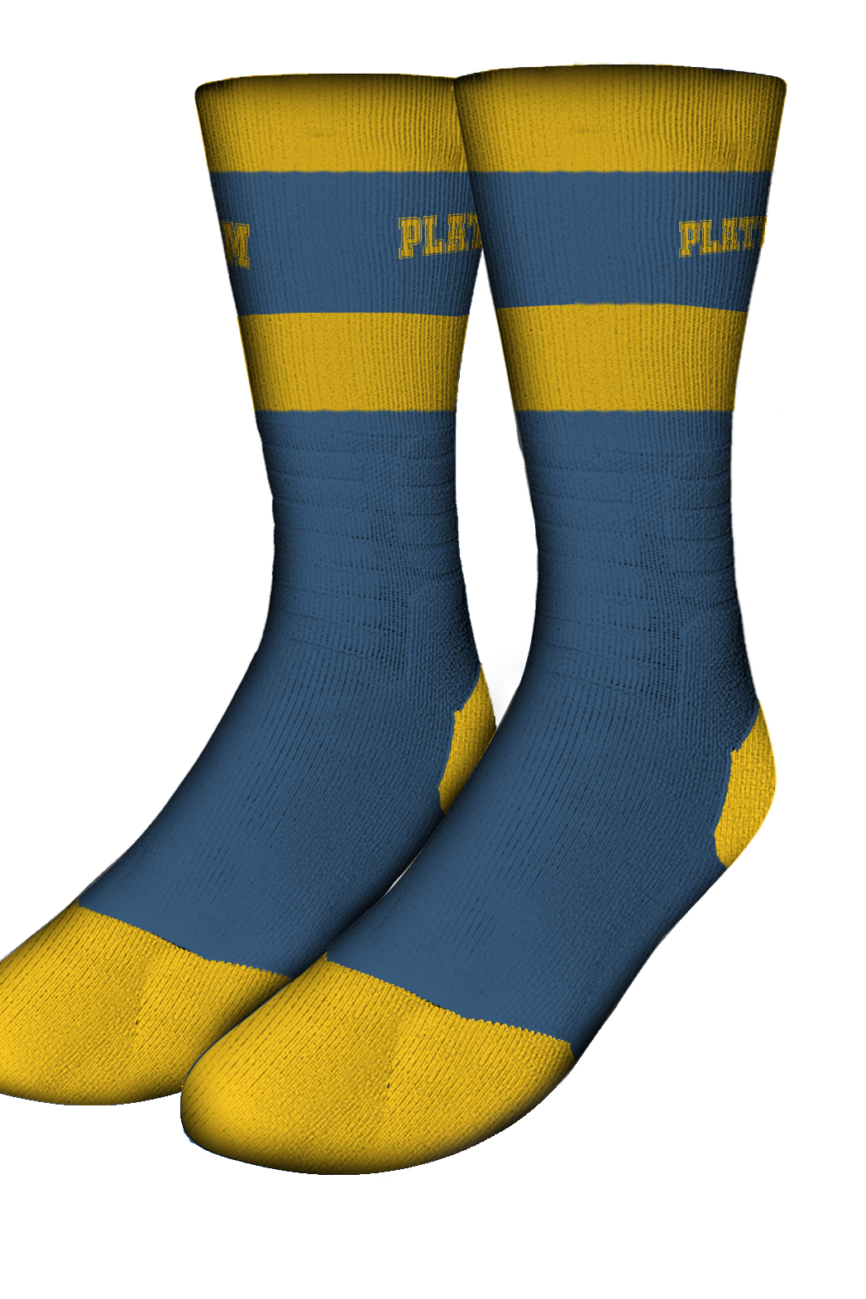 Blue Platinum Athletic Socks With Yellow Stripe And Platinum Text