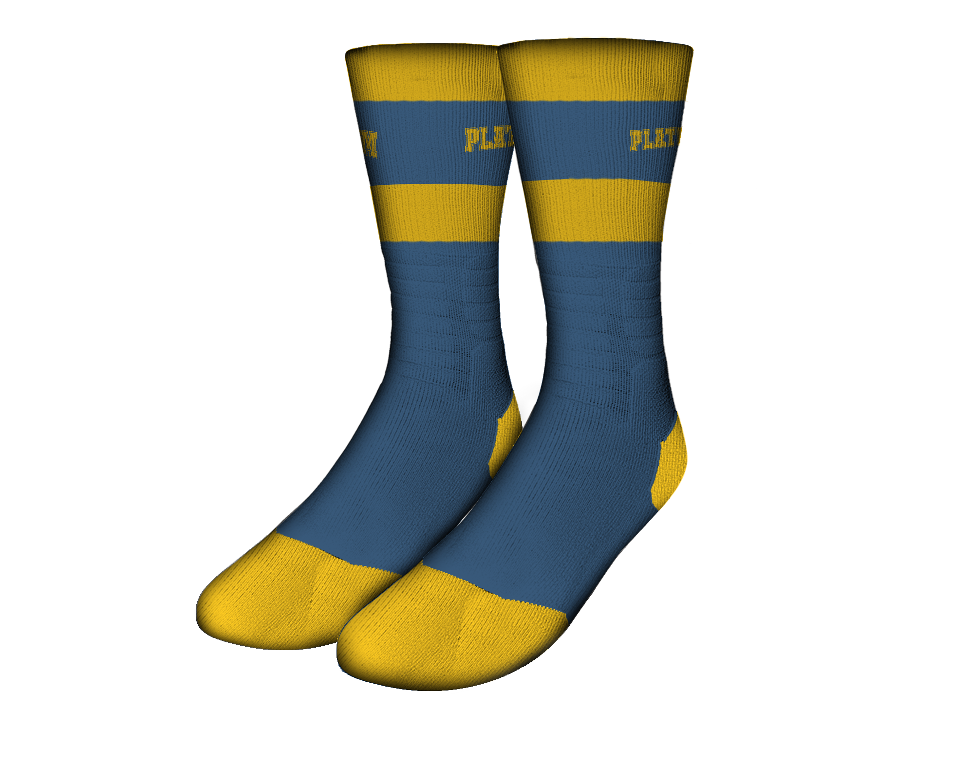 Blue Platinum Athletic Socks With Yellow Stripe And Platinum Text