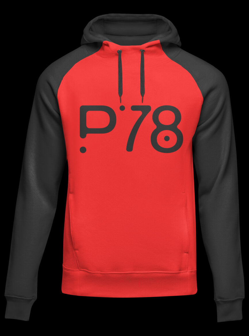 Red Platinum Hoodie With Black Sleeves And P78 Dot Mark