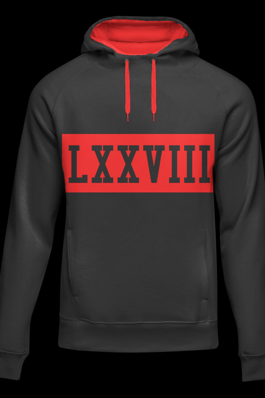 Black Platinum Hoodie With Red Chest Stripe And Roman Style Signature Mark Lxxviii