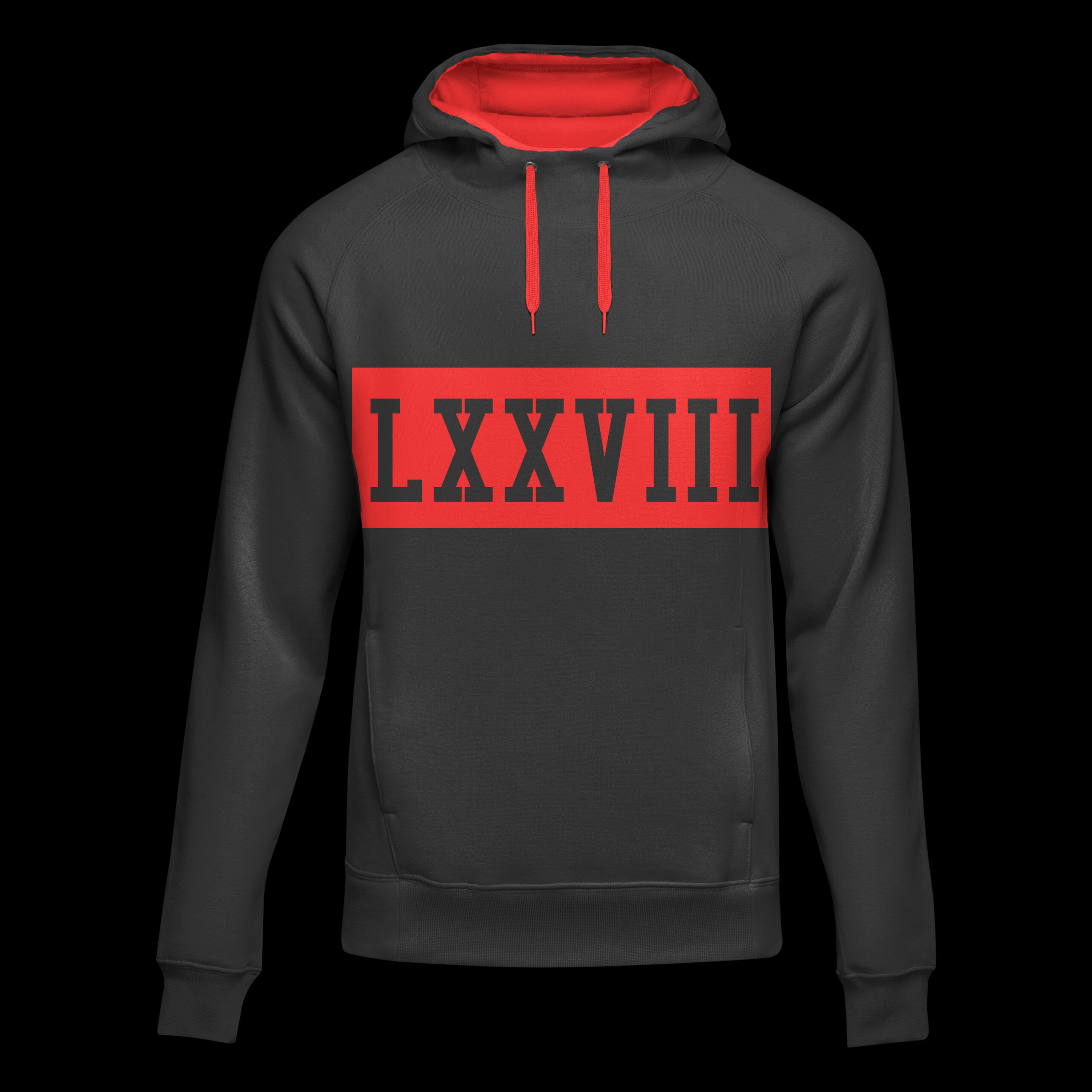 Black Platinum Hoodie With Red Chest Stripe And Roman Style Signature Mark Lxxviii